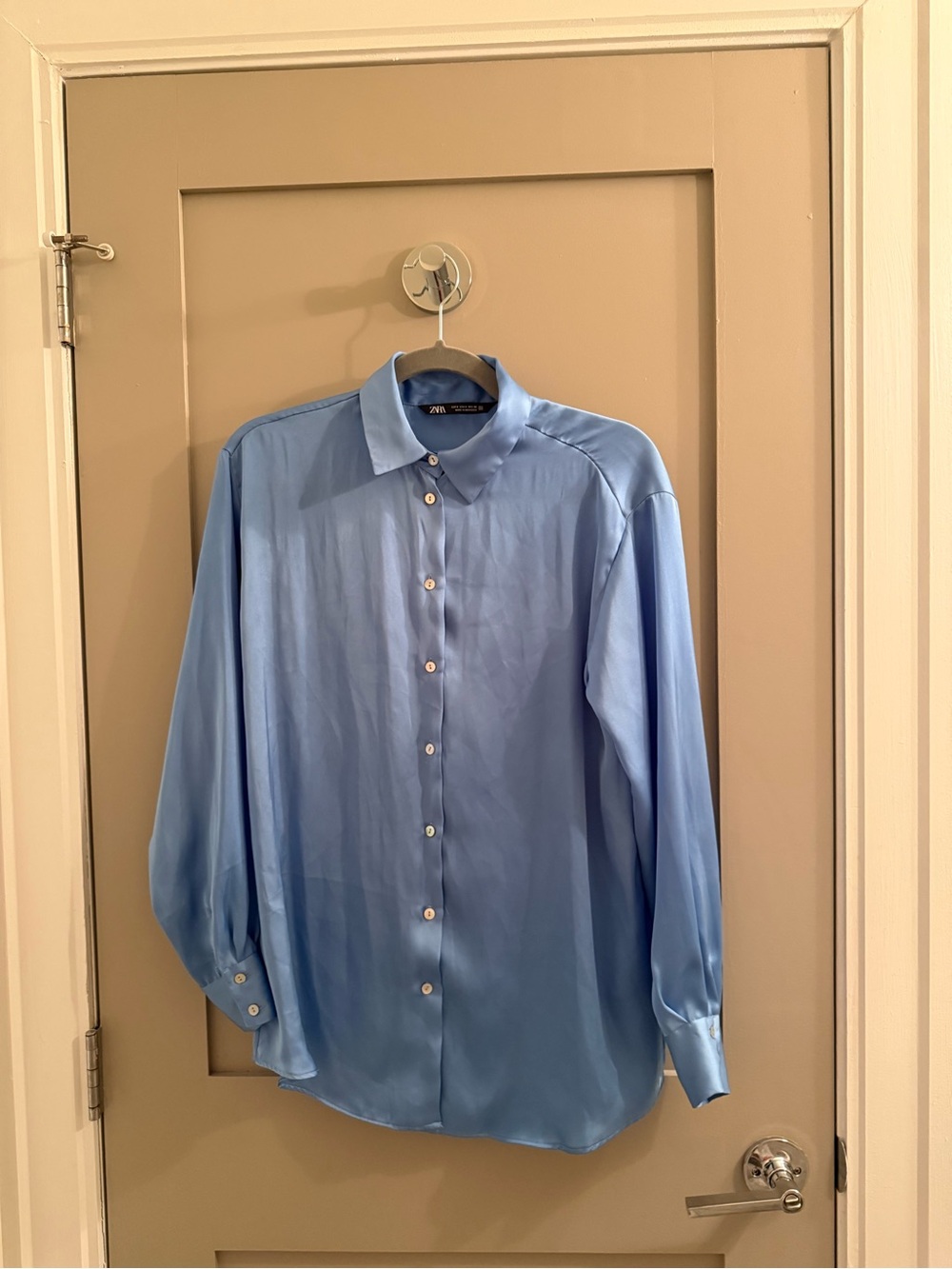 Zara Blue Satin Long-Sleeve Button-Down Shirt